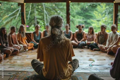 Spiritual leader presents at serene retreat with circle-seated attendees, emphasizing mindfulness and growth.