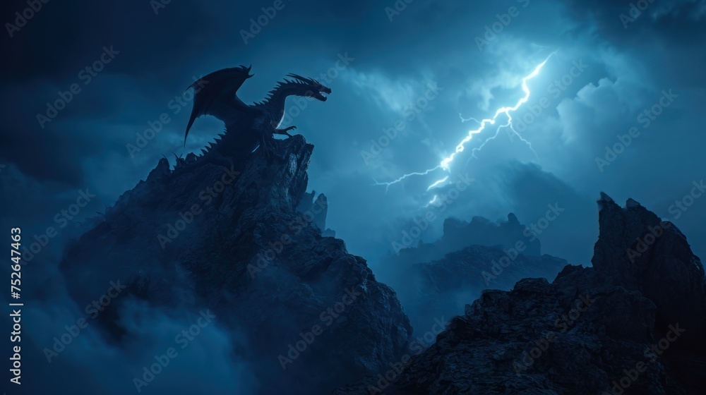 A dragon stand resting on top of a mountain with lightning bolt. - obrazy, fototapety, plakaty 
