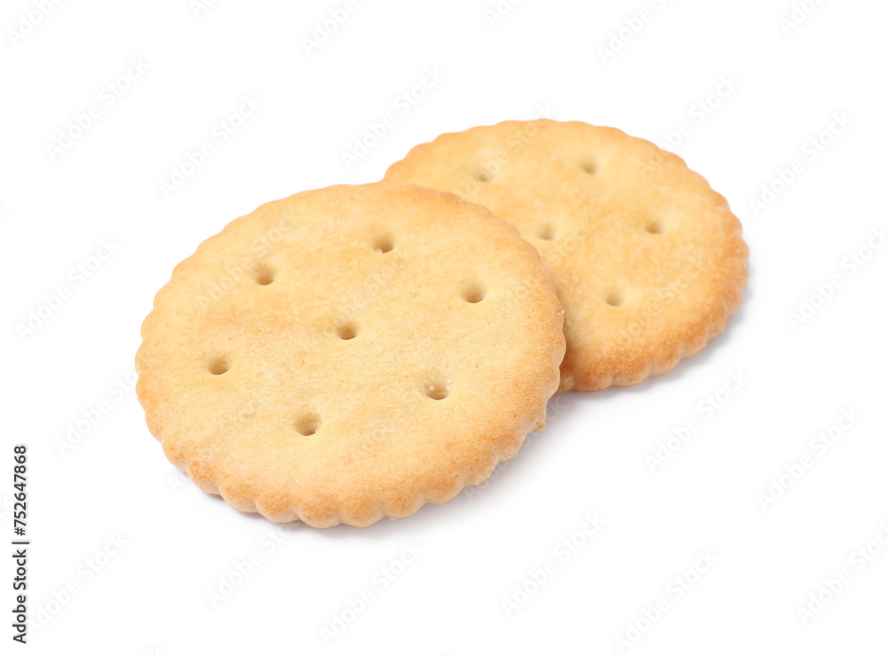 Two crispy crackers isolated on white. Delicious snack Two crispy crackers isolated on white. Delicious snack