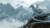 A white dragon stand resting on top of a mountain with its wings folded.