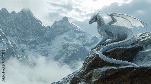 A white dragon stand resting on top of a mountain with its wings folded.