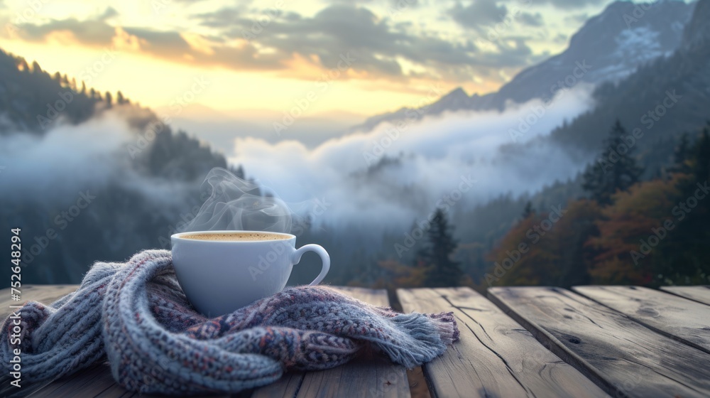 Close-up view of a cup of coffee on table with sunrise over mountain ridge with fog. - obrazy, fototapety, plakaty 