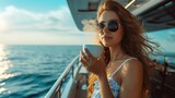 A beautiful young female enjoying her coffee on a boat.