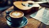 Coffee with heart shape latte art and music sheet guita on wooden table.