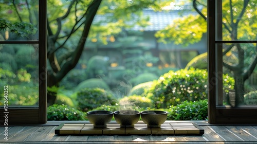 Traditional tea ceremony in a serene Asian garden emphasizes ritual elegance and mindfulness.