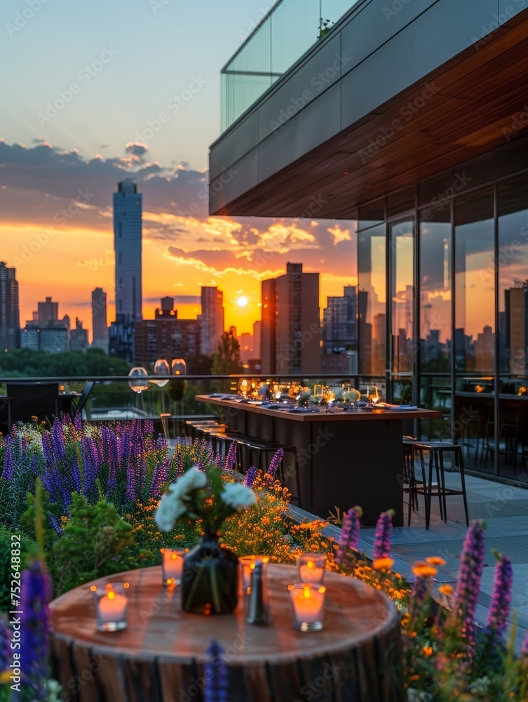 Tables are elegantly arranged in an urban rooftop garden at sunset, with the city skyline in the distance.