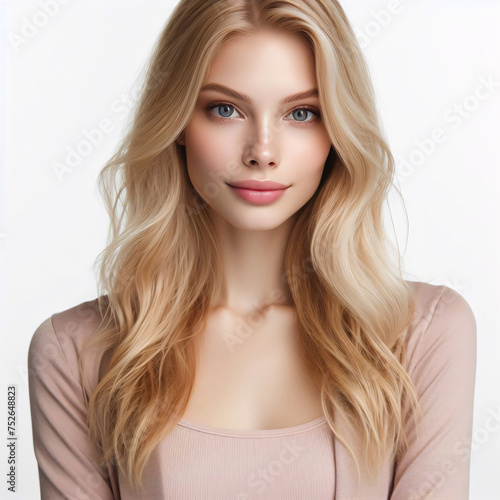 A beautiful young blonde woman on a white background