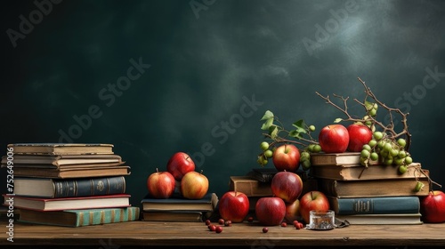 pile of books  stationery and apples on a wooden table with a minimalist background