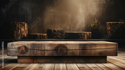 Wood podium product stand or display with cinematic light and cinematic background © GradPlanet