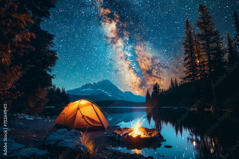 Wilderness camping adventure, tent set up under a star-filled sky, friends gathered around a campfire. - obrazy, fototapety, plakaty 