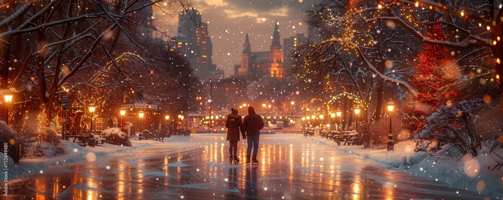 Winter ice skating date, couple holding hands, outdoor rink, city lights.