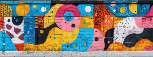 Colorful street art mural with bold eyes and abstract shapes, bringing life to an urban wall.