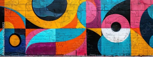 Dynamic urban wall mural with abstract, colorful shapes and a central eye motif.