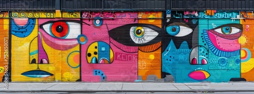 Dynamic urban wall mural with abstract, colorful shapes and a central eye motif.