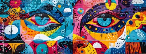 Expressive street art mural with intricate eyes and a kaleidoscope of geometric patterns on a city wall.