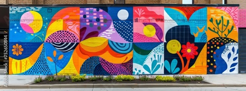 Whimsical and vibrant street art mural with abstract patterns and playful shapes on a city sidewalk.