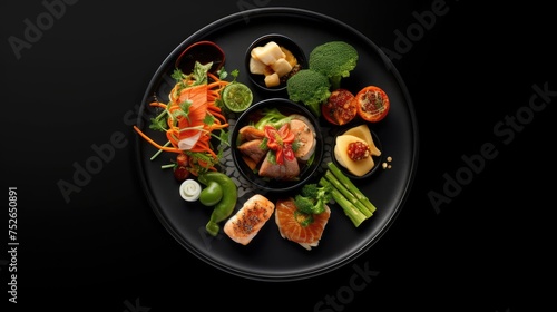 Salmon Sashimi with Vegetables on Black Plate Isolated on Black Background