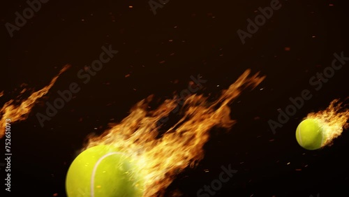 Tennis ball on Fire Burning rotating Baseball bright flamy symbol on the black background 3D rendering
