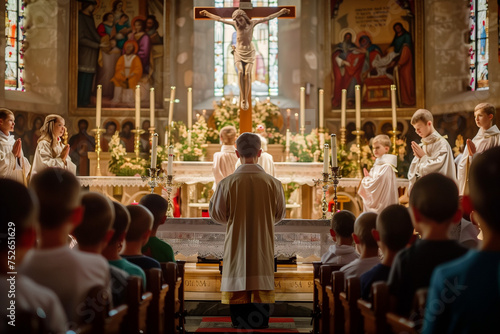 Priest in front of the altar and a group of children going to communion at a Christian celebration in church