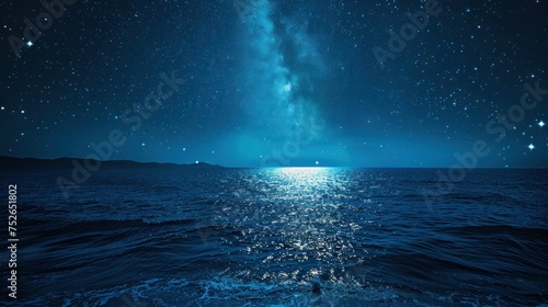 A serene night scene with a dazzling starry sky reflecting over a calm blue ocean, with distant coastline silhouettes.