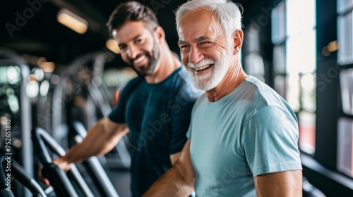 smiling senior man training with the help of a personal trainer in the gym generative ai