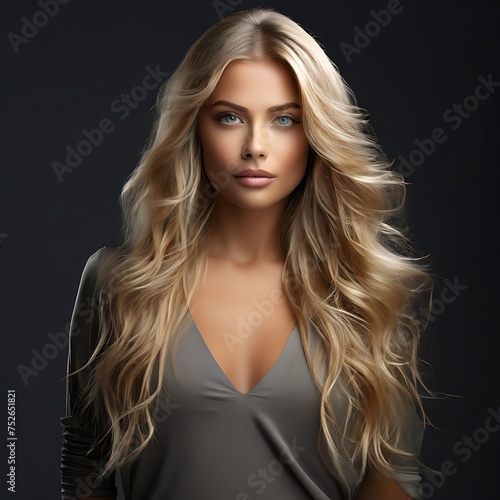 Fashionable blonde woman with straight long shiny hair on a dark grey background with copy space. Banner. Beauty, health and hair care. Hair product advertising concept. © Marco