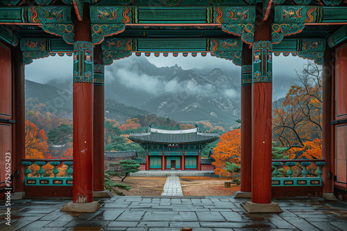 Oriental temple building with tile roof photo