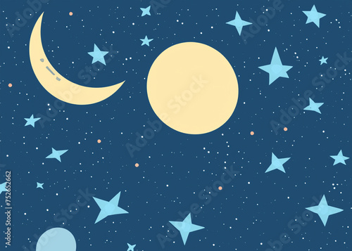 abstract cartoon style of blue night sky with stars and moon created with generative ai technology. High quality illustration