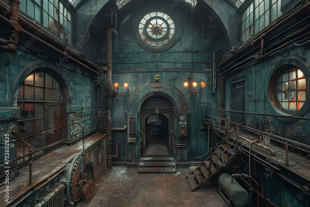 Fototapeta premium An eerie and dark atmosphere inside an old, decaying building.