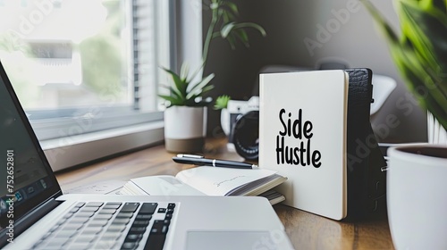 Side hustle text on notepad on a workdesk with office tools near.