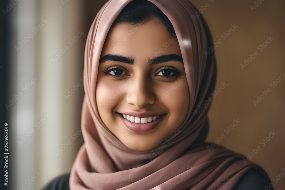 Portrait of a young Muslim woman in a hijab, looking at the camera and smiling Portrait of a young Muslim woman in a hijab, looking at the camera and smiling