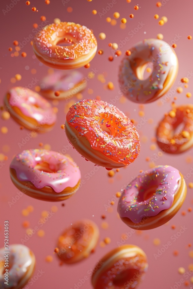 An isolated marketing concept of amazing fresh donuts and pastries in mid air with ingredients. An isolated marketing concept of amazing fresh donuts and pastries in mid air with ingredients.