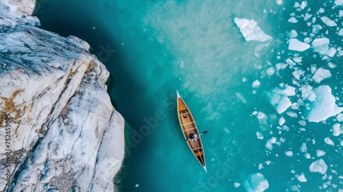 aerial view of canoe floating in calm clear water with icebergs generative ai