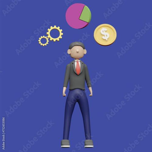 Business icons are floating above head concept. Realistic 3d object cartoon style.