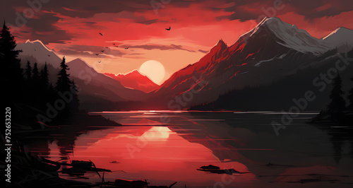 the sun is rising over the mountain lake