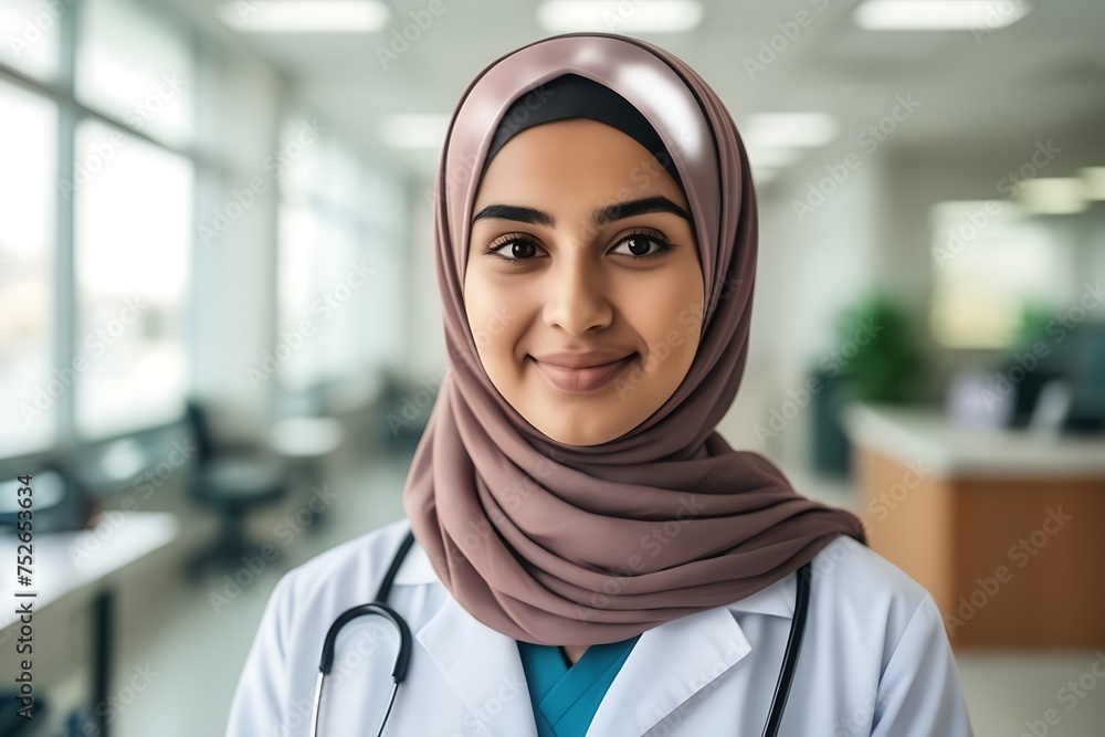 Portrait of a young Muslim woman doctor in a hijab, looking at the camera and smiling, standing against the backdrop of a bright medical office Portrait of a young Muslim woman doctor in a hijab, looking at the camera and smiling, standing against the backdrop of a bright medical office