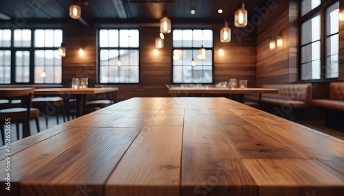 Lofty chill modern restaurant with wooden table and Depth of field , blurred background 