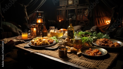 Foamy beer. Two beer glasses and grilled meat on the wooden table.