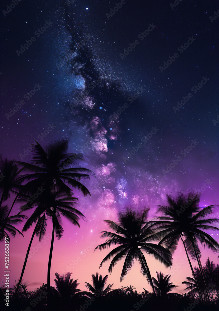 Milkyway galaxy embracing the night sky, stars twinkling through the silhouetted fronds of coconut trees.