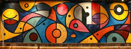 Abstract mural with a harmonious blend of geometric shapes and vivid colors painted on an urban wall.