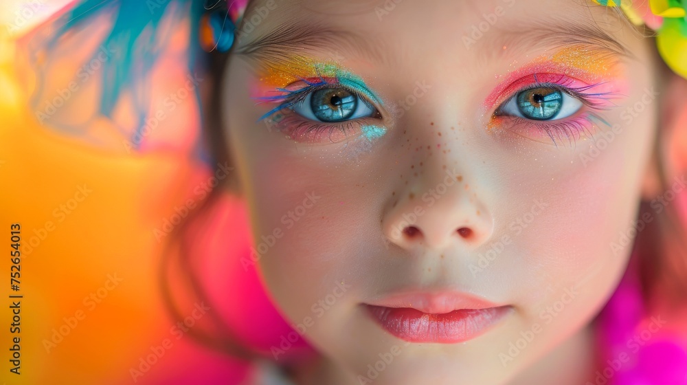 Close-up, Portrait of fashionable child model with fantasy makeup for cosmetics advertising Close-up, Portrait of fashionable child model with fantasy makeup for cosmetics advertising