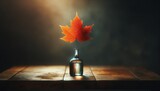 A colorful autumn leaf in a slender, tall vase on a rustic table.