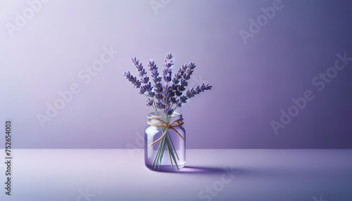 A sprig of lavender in a small mason jar against a lavender-colored backdrop.