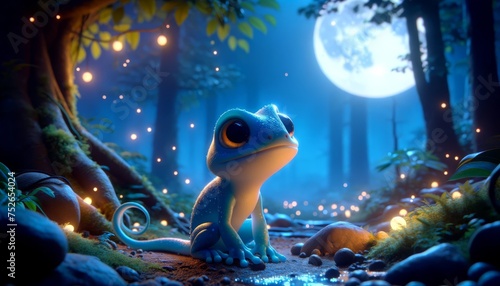 A whimsical animated art image, in a 16_9 ratio, of a blue amphibian creature exploring a night-time forest under a glowing moon.