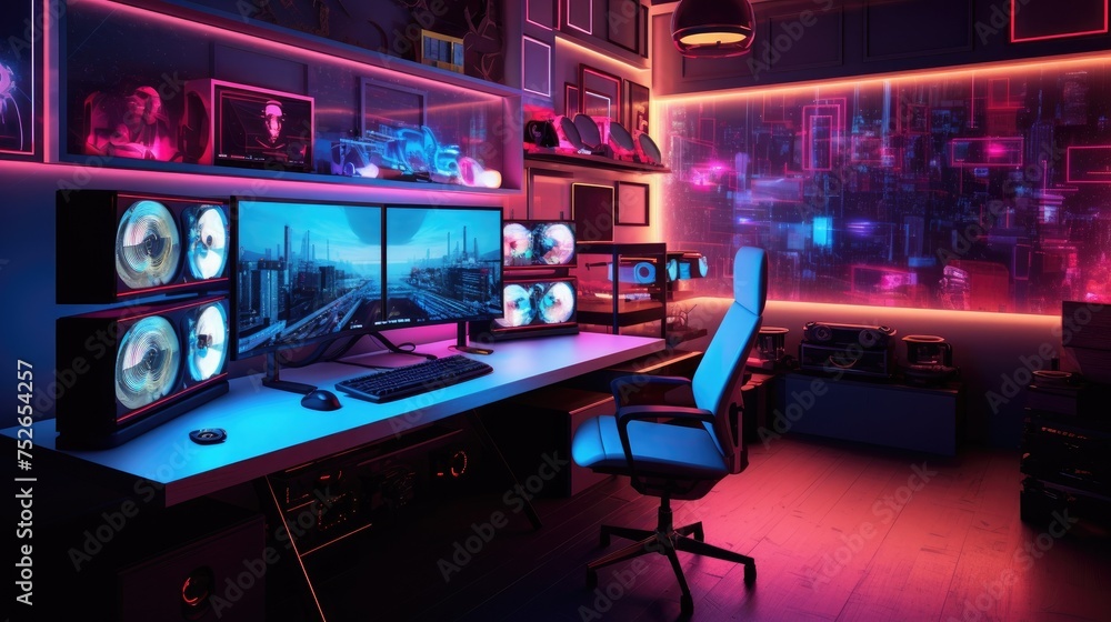 Computer room with neon lights.