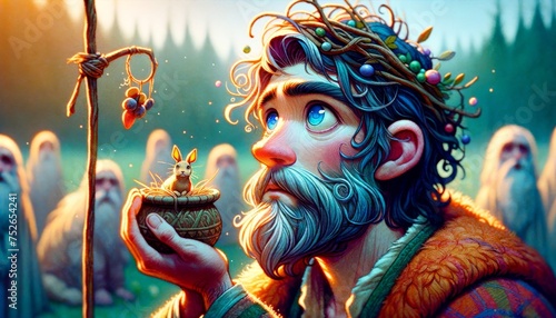 A whimsical animated art style image showing a close-up of Meleager offering a sacrifice to the gods before the hunt. photo