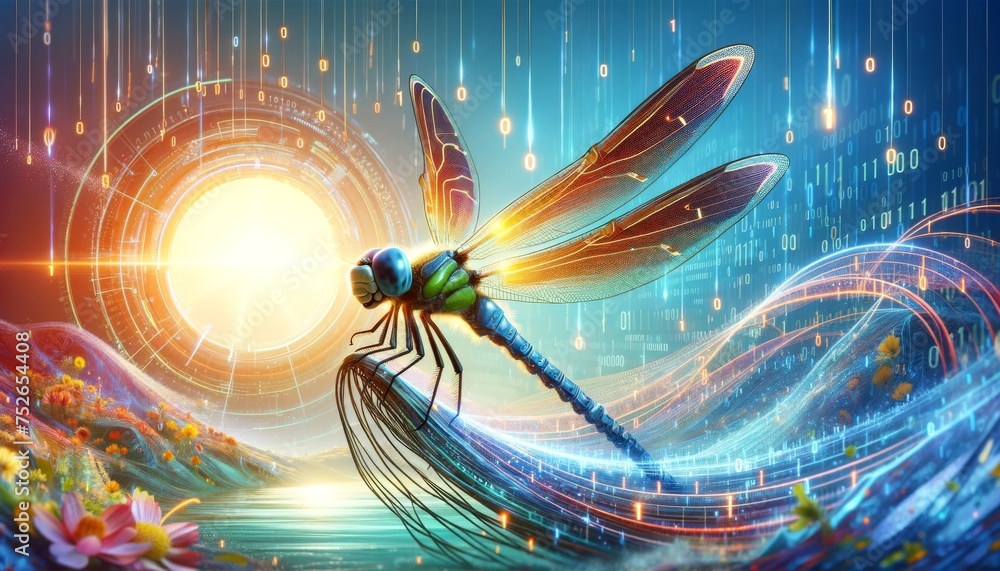 A detailed and high-quality whimsical animated art scene featuring a dragonfly with wings that resemble solar panels. - obrazy, fototapety, plakaty 