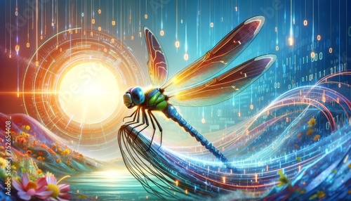 A detailed and high-quality whimsical animated art scene featuring a dragonfly with wings that resemble solar panels. photo