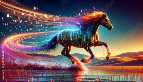 A detailed and high-quality whimsical animated art scene featuring a horse galloping with a trail of digital footprints.