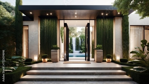 Stunning entrance of your modern villa  featuring sleek Italian architecture  a cascading waterfall  and lush greenery leading up to the front door